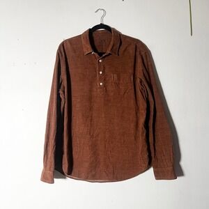 100% Cotton Corduroy Shirt Mens XL Brown Long Sleeve Henley